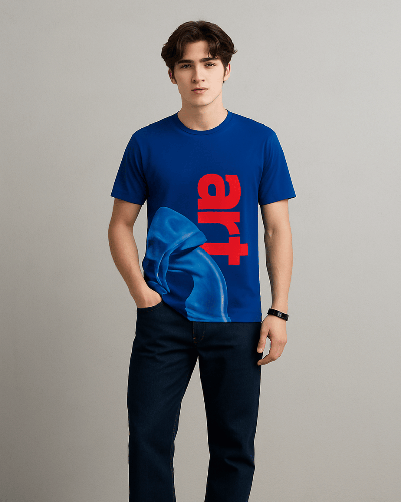 Man wearing bold artistic t shirts for men and women by Gully Projekt with blue and red graphic design
