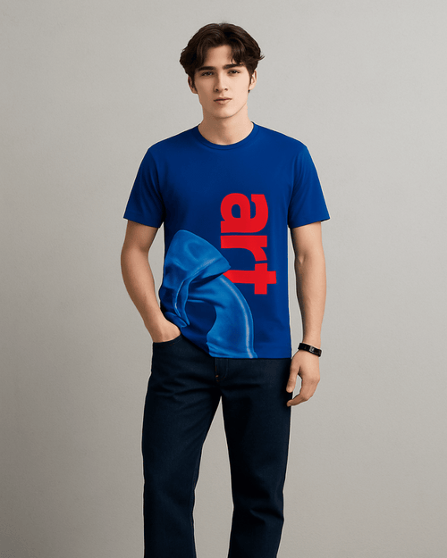 Man wearing bold artistic t shirts for men and women by Gully Projekt with blue and red graphic design