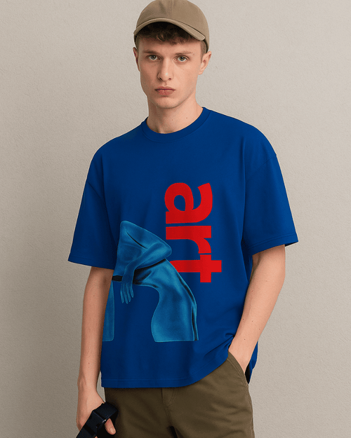 Blue Gully Projekt t-shirt with bold red art print showcasing bold artistic t shirts for men and women
