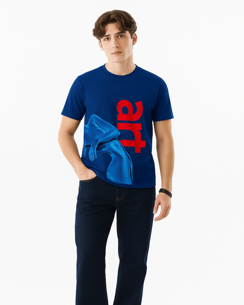 Gully Projekt bold artistic t shirts for men and women featuring blue graphic design on navy shirt