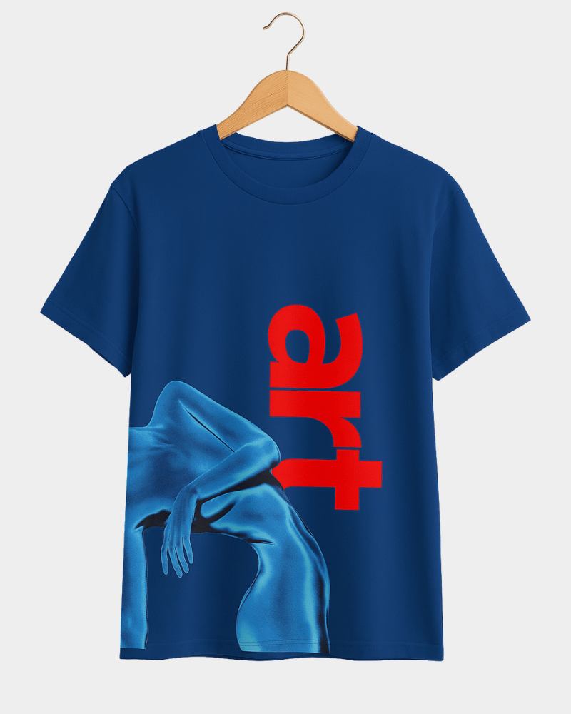 Gully Projekt navy blue bold artistic t shirts for men and women featuring a blue abstract figure and red art text
