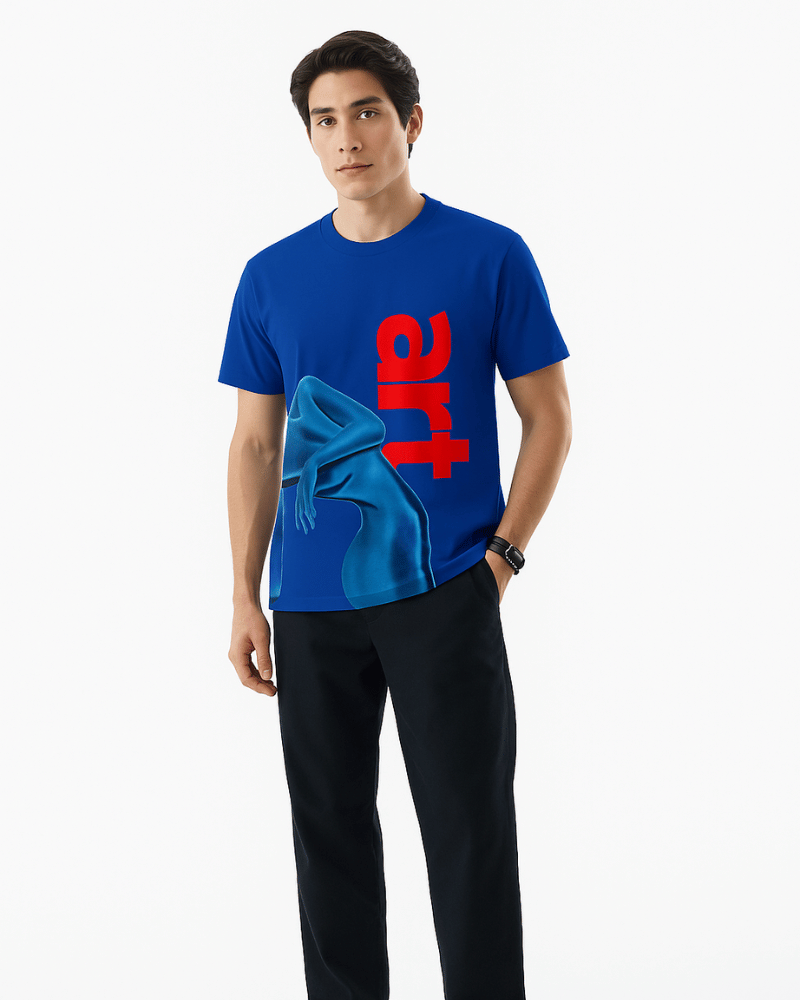 Man wearing blue bold artistic t shirts for men and women with red art text and graphic design