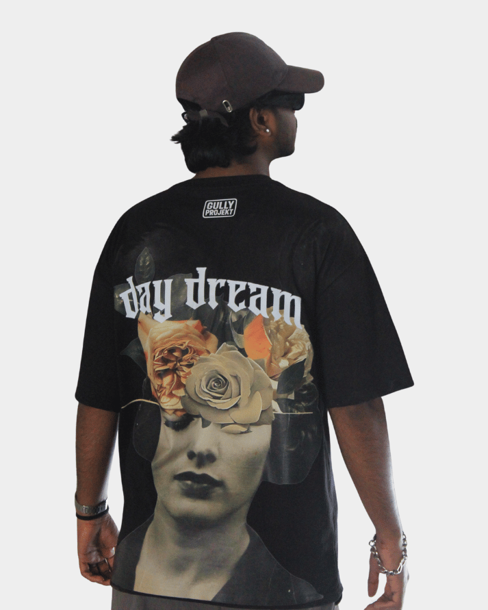 Gully Projekt Daydream Bloom oversized t-shirt in black featuring artistic floral and face graphic on back