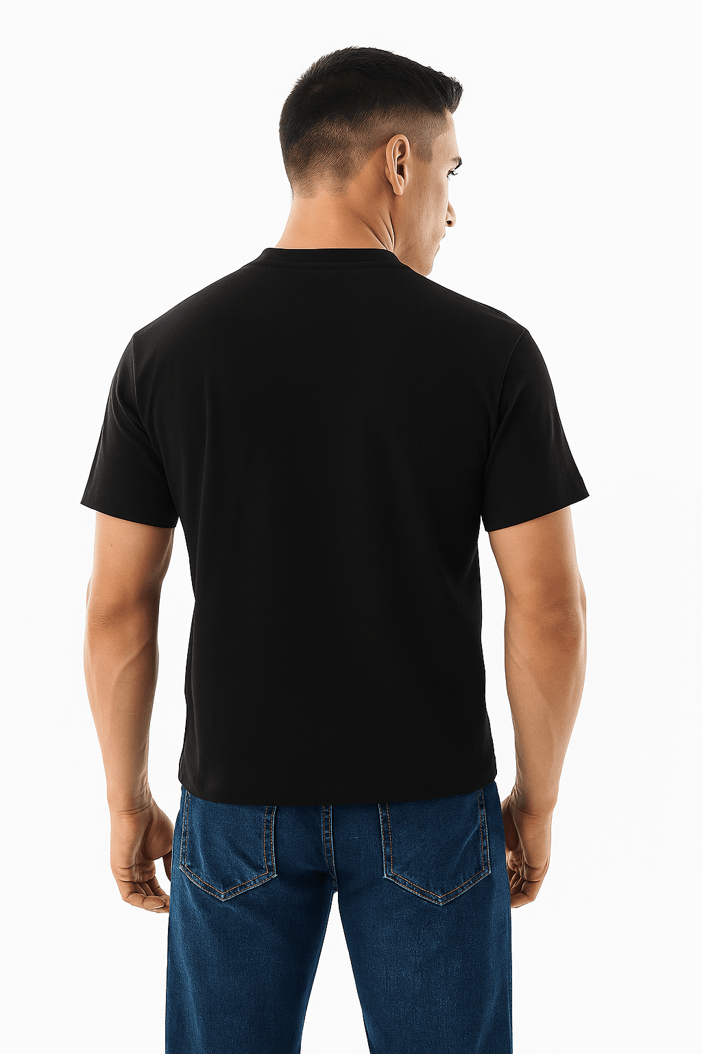 Back view of man wearing black GOAT graphic tee by Gully Projekt with blue jeans