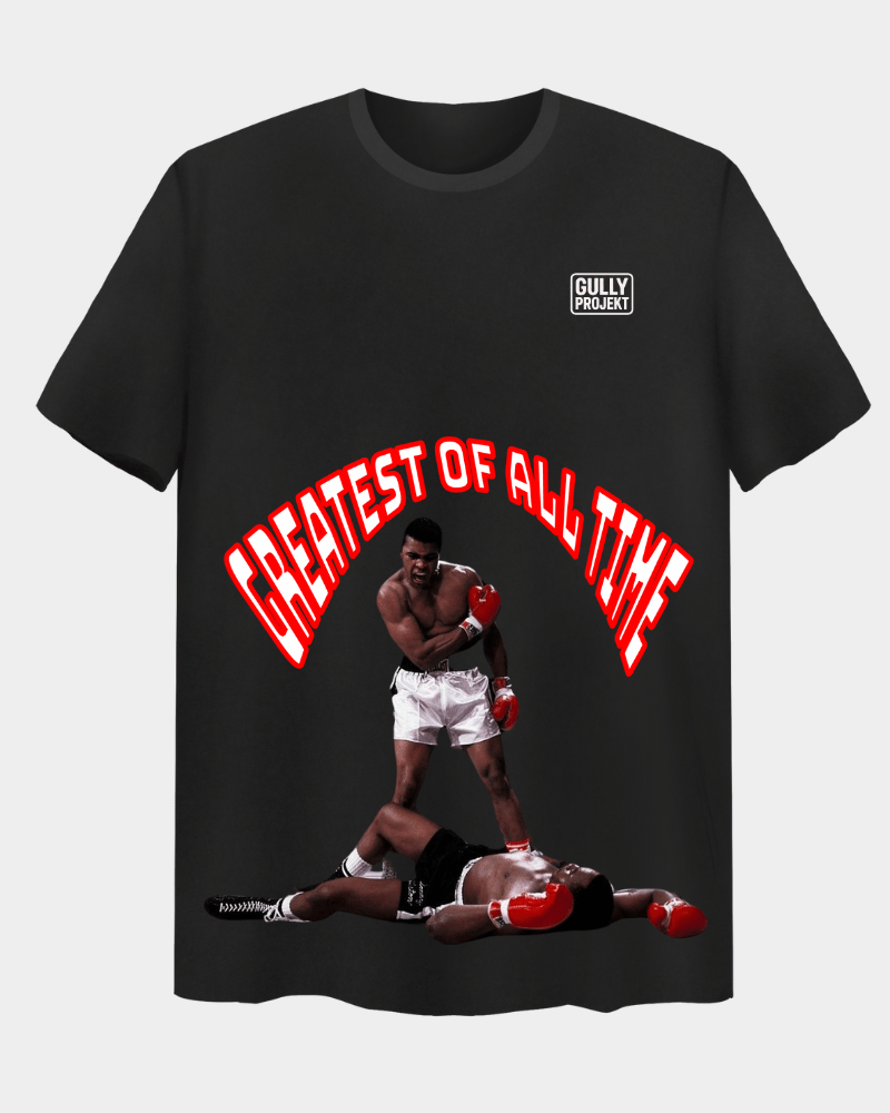 Gully Projekt black GOAT graphic tee featuring a boxing scene with Greatest of All Time text