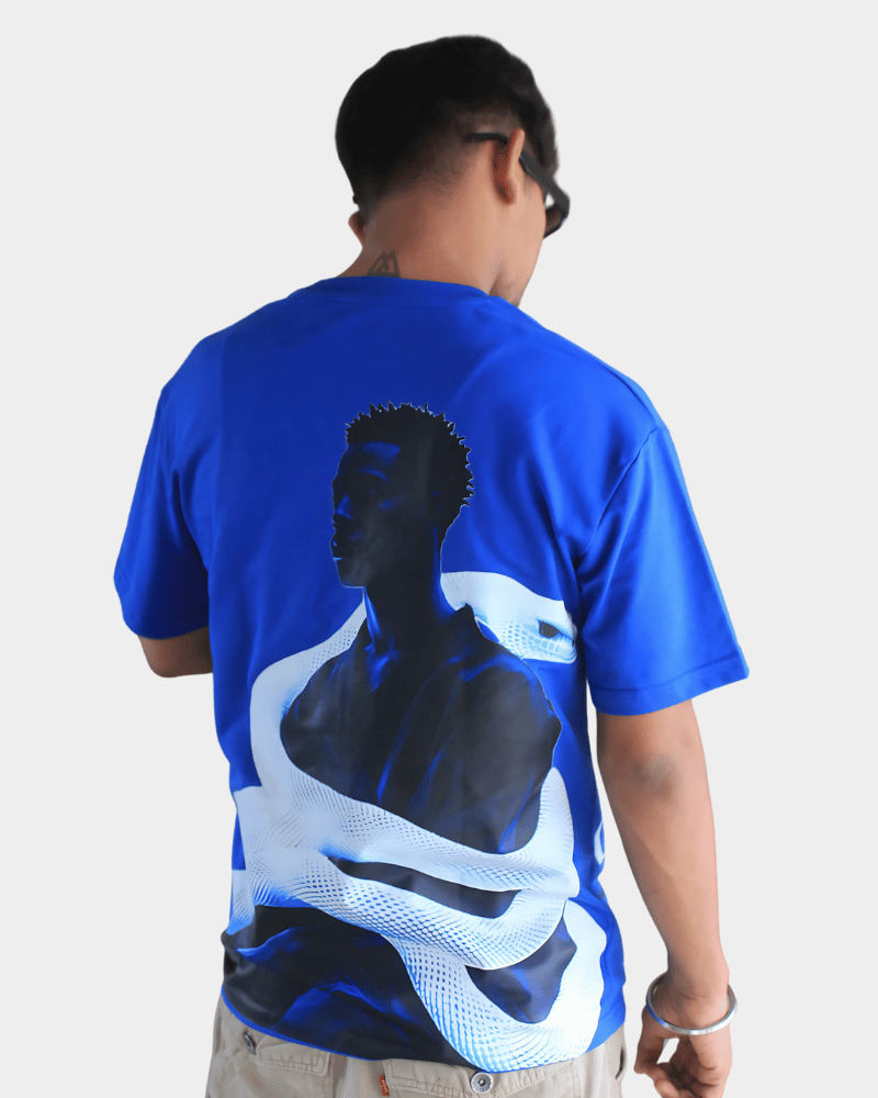 Gully Projekt premium urban oversized t-shirt in blue with graphic design on back worn by male model