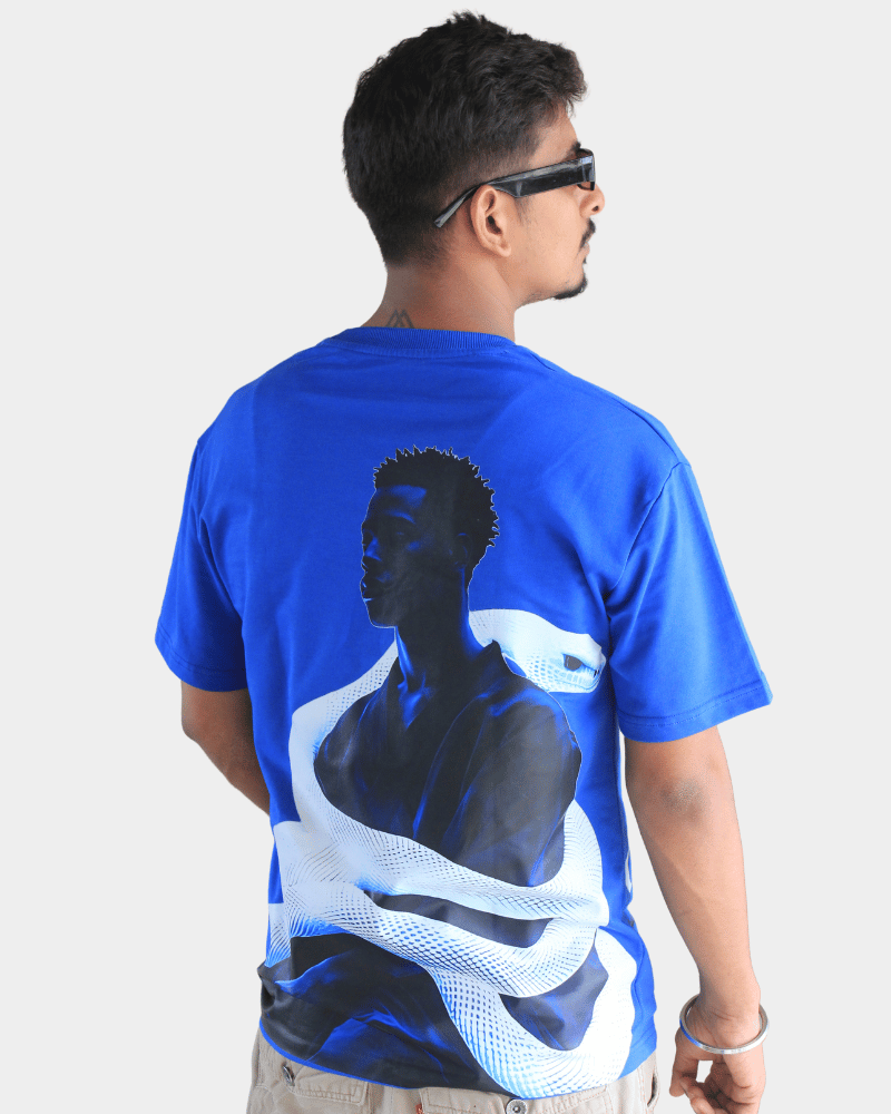 Gully Projekt premium urban oversized t-shirt in blue with graphic snake and silhouette design on back