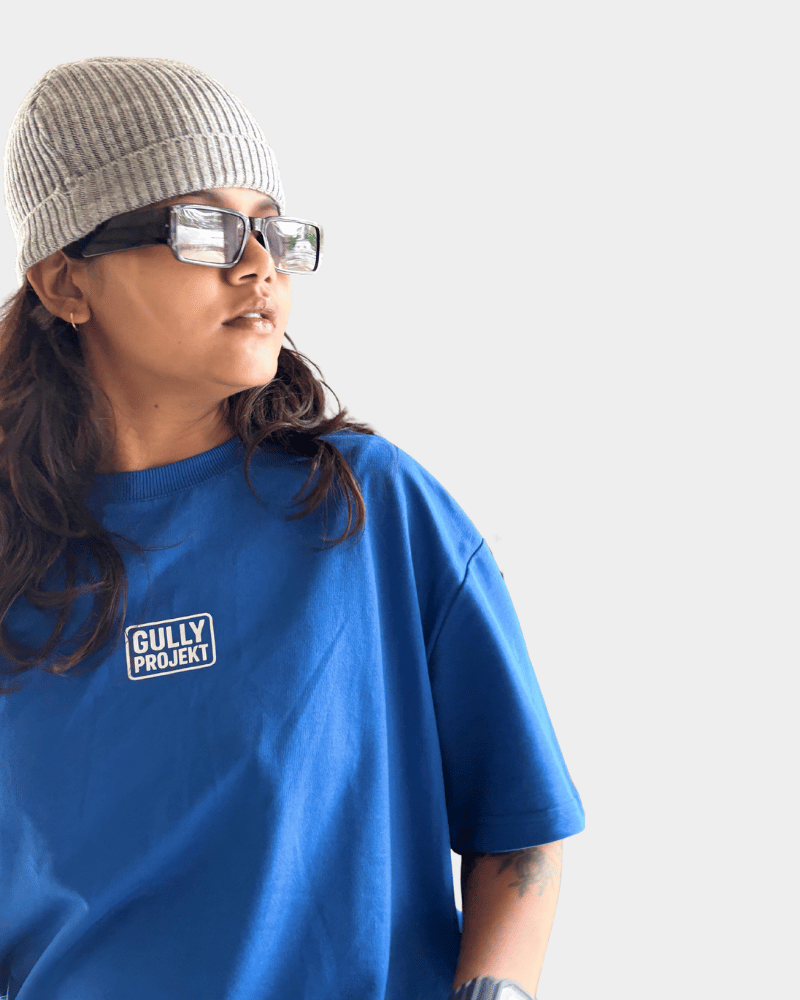 Gully Projekt premium urban oversized t-shirt in blue worn with knit beanie and glasses