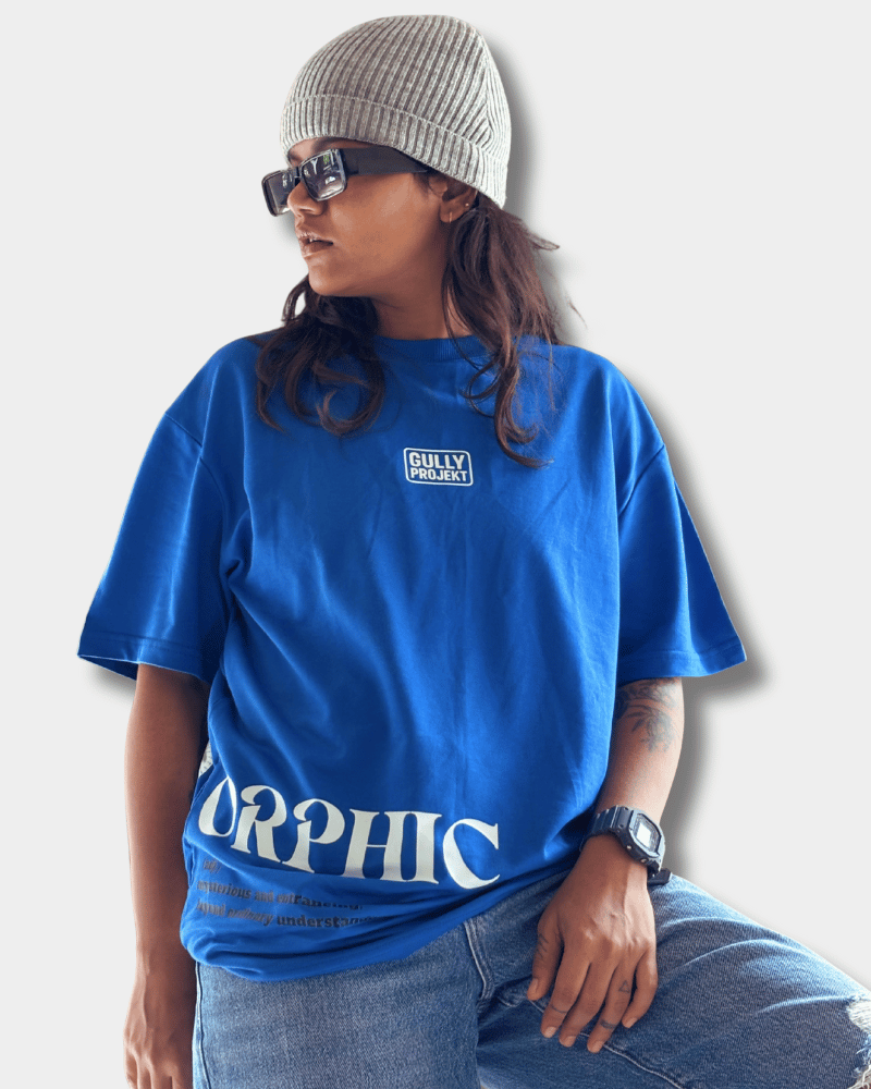 Gully Projekt premium urban oversized t-shirt in blue worn with gray beanie and sunglasses