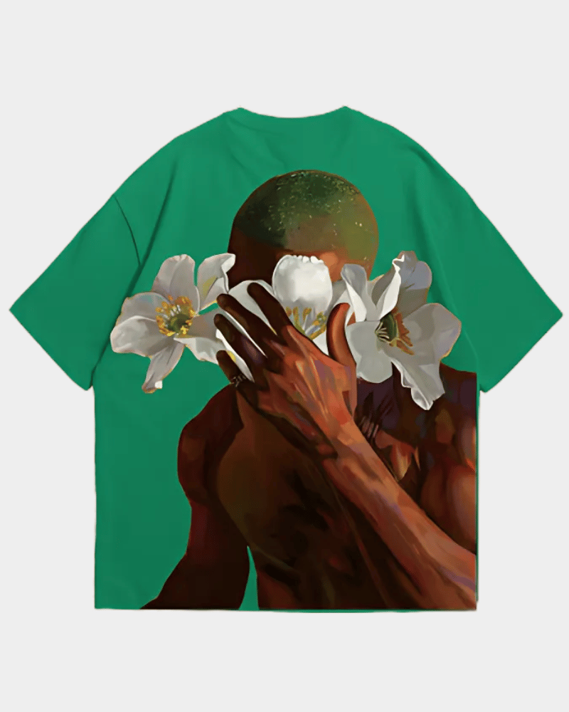 Green streetwear frank ocean graphic tee with artistic floral and figure illustration on back