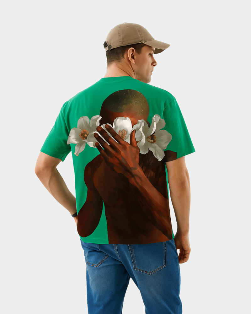 Gully Projekt streetwear frank ocean graphic tee green shirt with artistic back print of man and white flowers