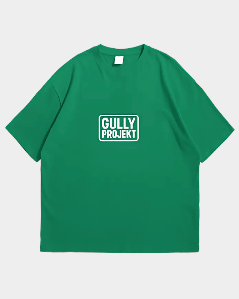Green streetwear frank ocean graphic tee with white Gully Projekt logo on the front