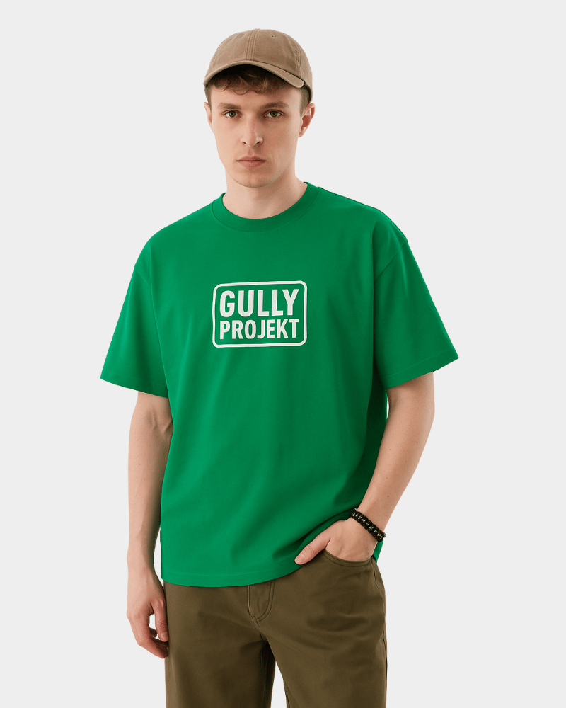 Green Gully Projekt streetwear frank ocean graphic tee worn by male model with brown cap and olive pants