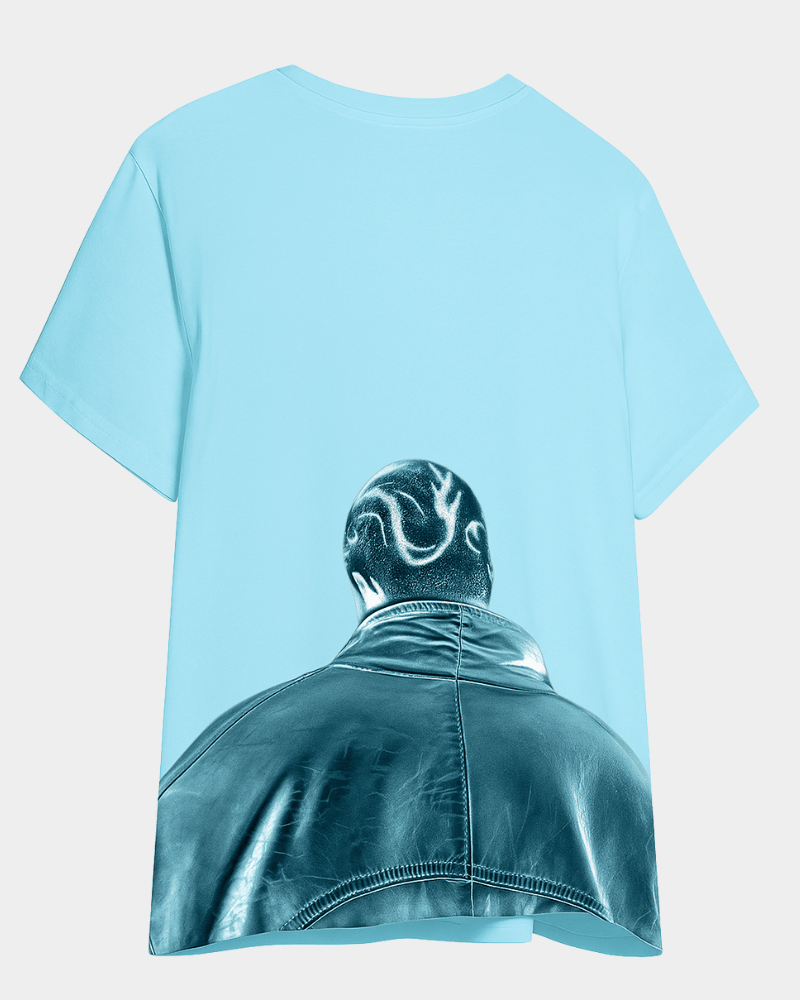 Light blue No Face Club tee with graphic of a person wearing a leather jacket on the back