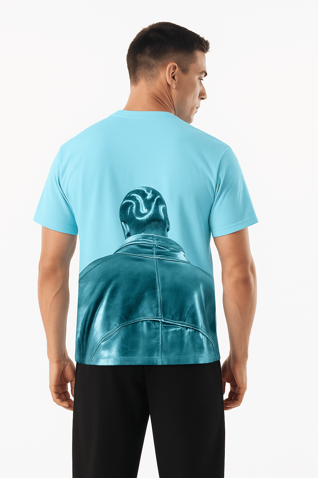 Back view of man wearing light blue No Face Club tee with artistic leather jacket graphic